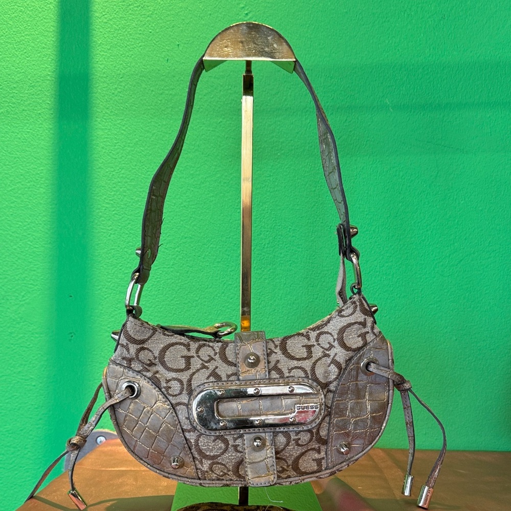Guess Beige and metallic monogram Y2K Designer Shoulder Bag